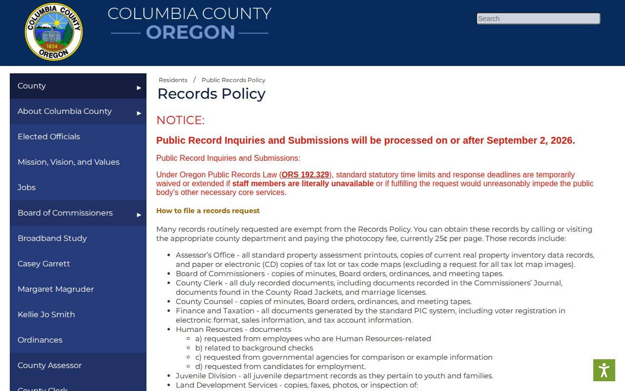 Columbia County public booking record request policy