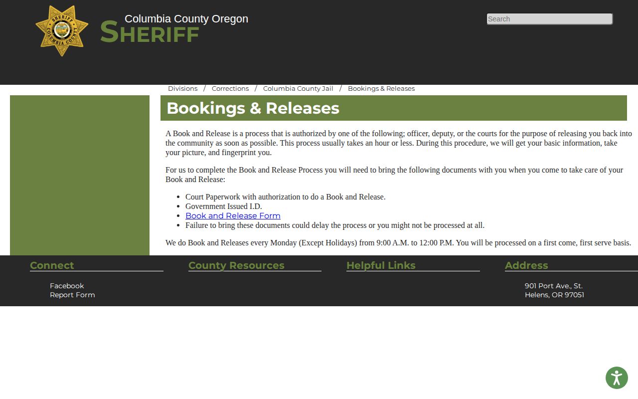Columbia County Jail booking and release record information
