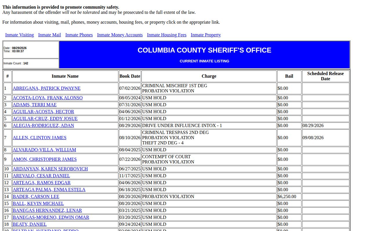 Columbia County Jail current custody roster record fields