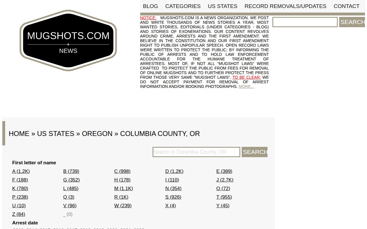 Unofficial Columbia County commercial mugshot index context