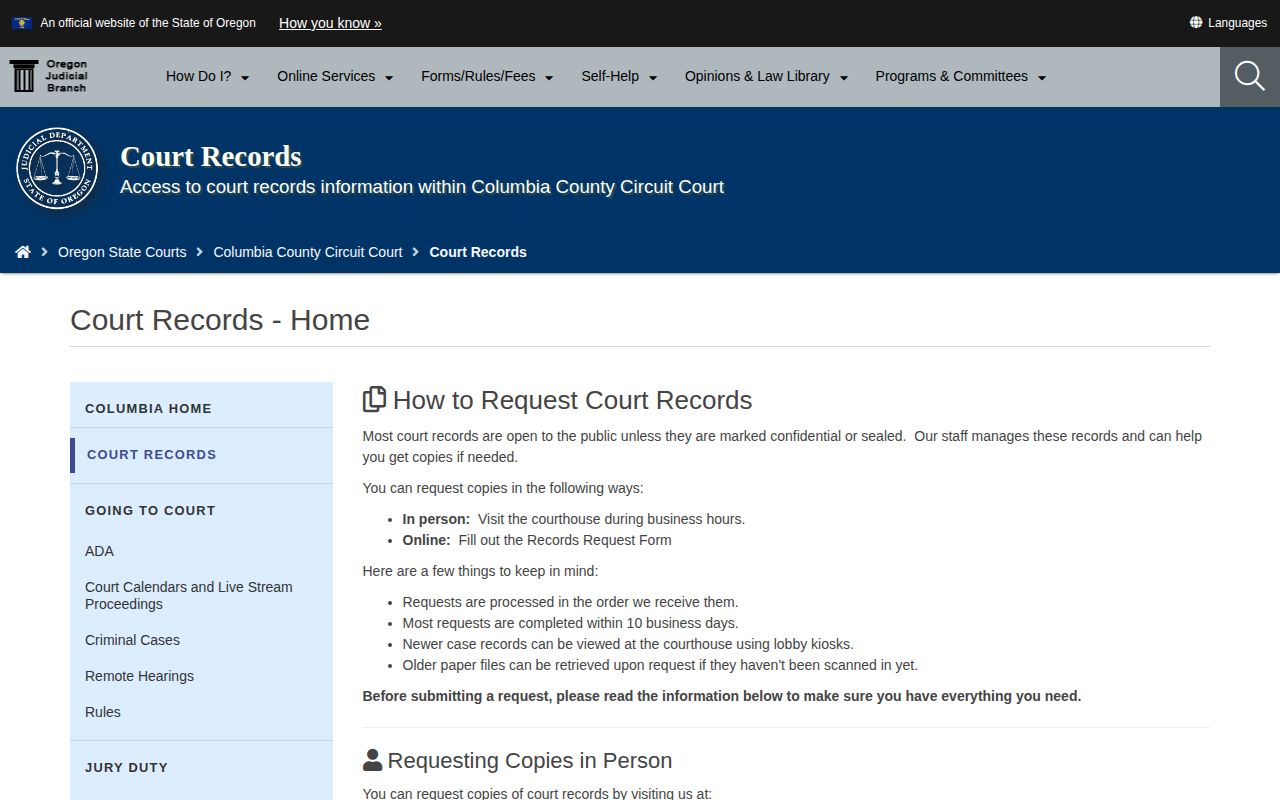 Columbia County Circuit Court disposition record request route