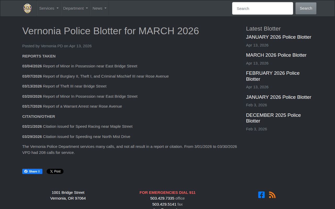 Vernonia Police Department monthly blotter, official city arrest-record context without booking photos